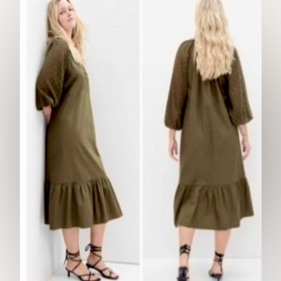 Gap Olive Green Lace Sleeve Cotton Maxi Dress - Size Medium - Picture 3 of 6